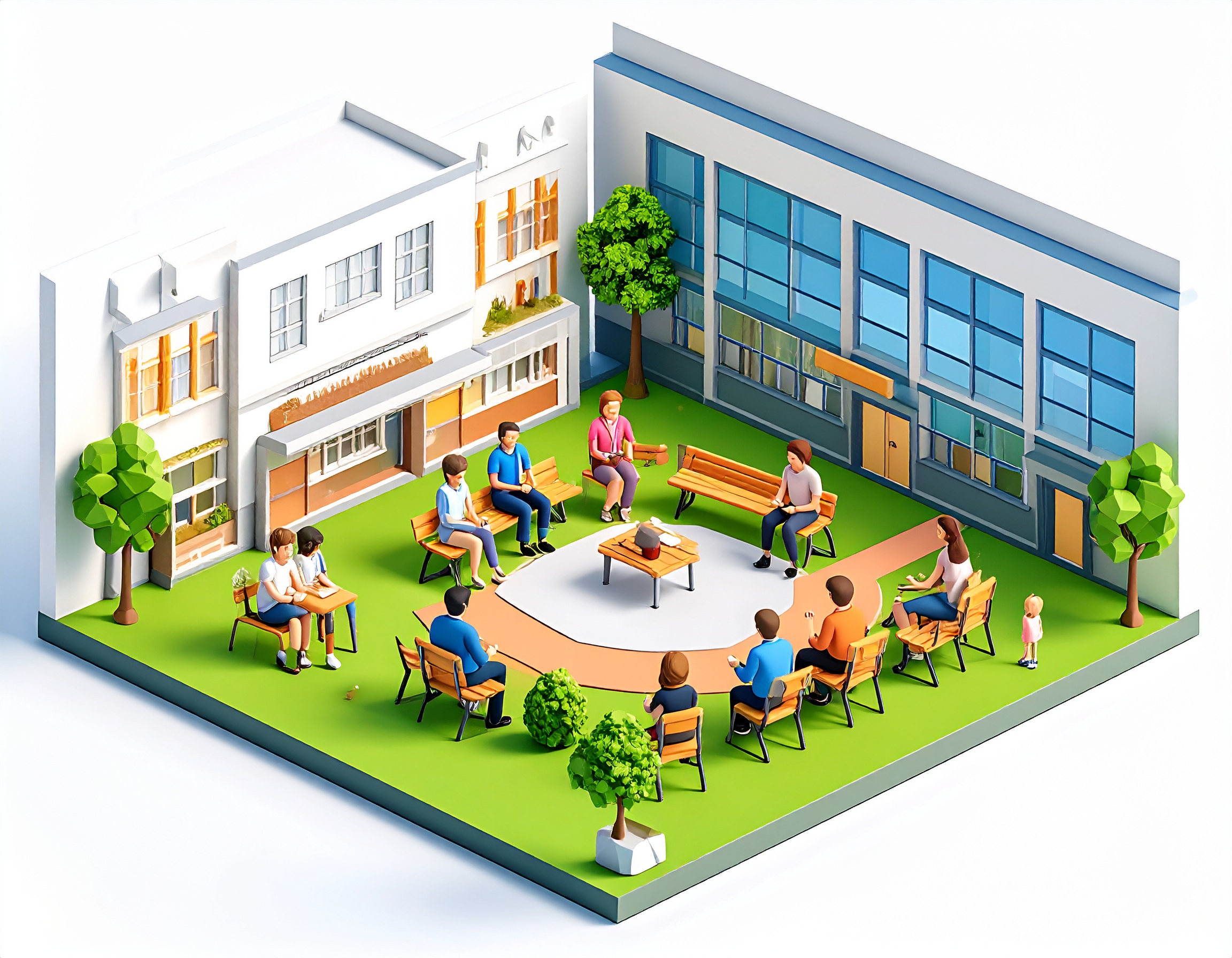 Firefly_A minimap diorama of a group of parents sitting in a park in front of the school an d 888818