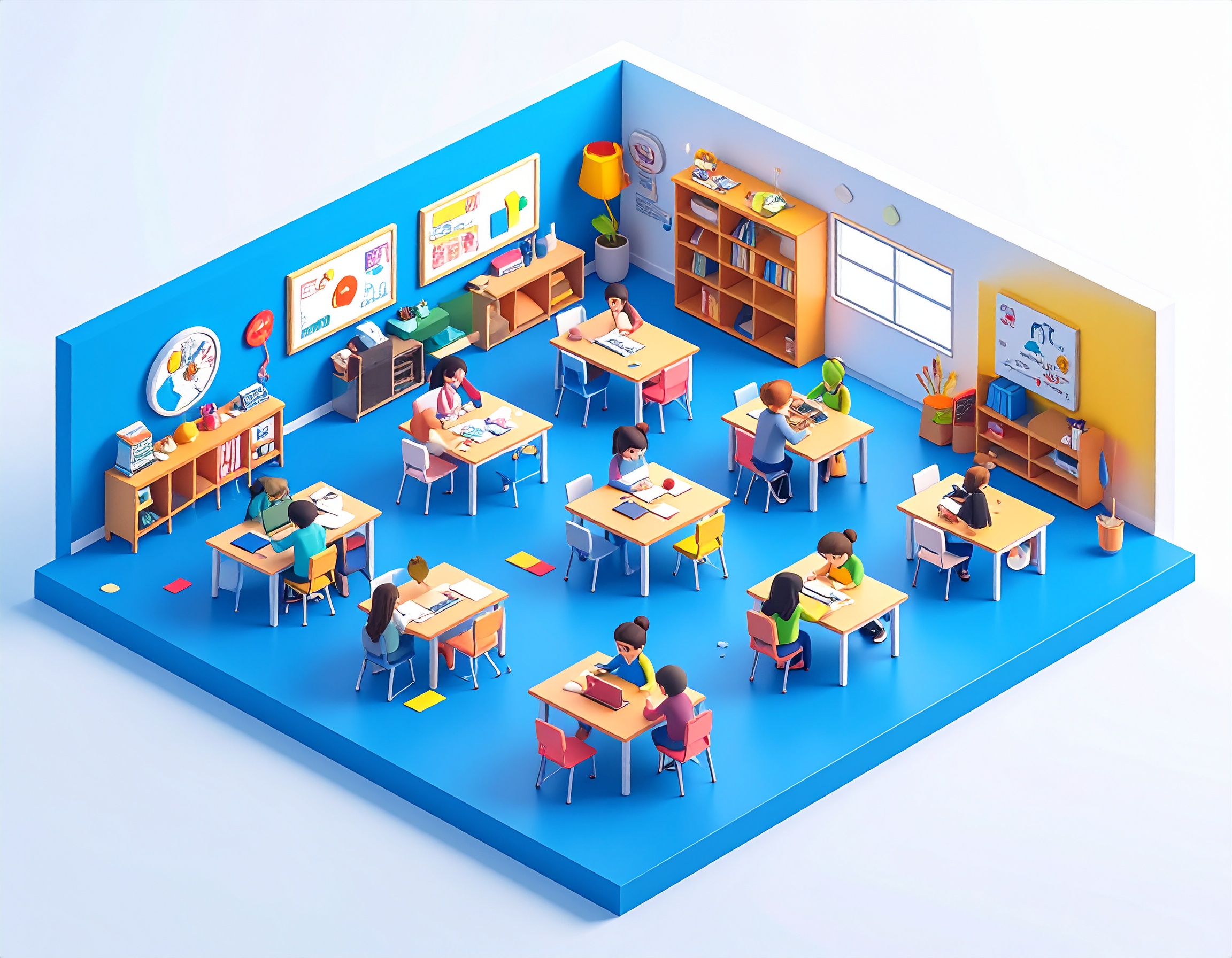 Firefly_A minimap diorama of a group of pupils learning in small groups or alone in a friendl 576493