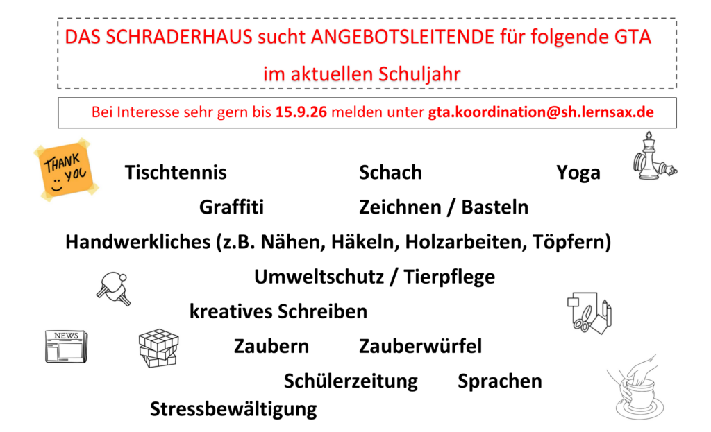 Aushang des Schraderhauses: Angebotsleitende für Ganztagsangebote im Schuljahr 2026/27 gesucht. Die Themen und die Meldefrist stehen im Text darunter.